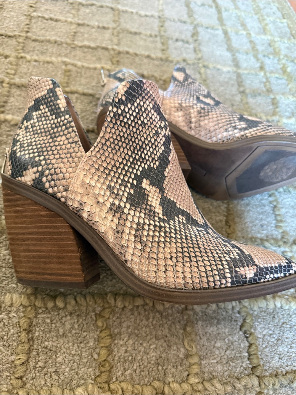 Vince Camuto Taupe and Black Snake-Print Pointed Ankle Boots